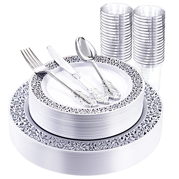 I00000 150PCS Silver Plastic Plates, Disposable Silverware & Plastic Silver Cups, Silver Rim Plastic Tableware include 25 Dinner Plates, 25 Dessert Plates, 25 Tumblers, 25 Forks, 25 Knives, 25 Spoons