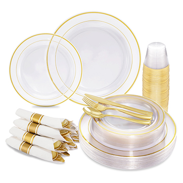 I00000 210Pcs Gold Plastic Plates with Silverware and Cups, Clear Gold Disposable Dinnerware Includes: 30 Dinner Plates 10.25