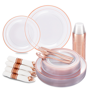 I00000 210Pcs Rose Gold Plastic Plates with Silverware and Cups, Clear Disposable Dinnerware Includes: 30 Dinner Plates 10.25