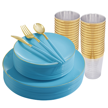 I00000 144PCS Blue Plastic Plates & Gold Plastic Silverware & Gold Disposable Cups, 24 Guests Gold Disposable Dinnerware Perfect for Wedding & Birthday Party