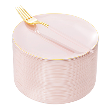 I00000 72PCS Pink Gold Plastic Dessert Plates with 72PCS Disposable Pink Forks, Premium Pink Appetizer Plates, Fancy Pink Salad Plates with Gold Rims Perfect for Bridal Shower & Party