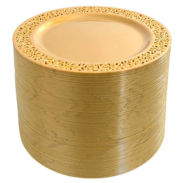 I00000 102PCS Brown Gold Dessert Plates, Plastic Salad Plates with Lace Design, 7.25” Gold Disposable Plates Ideal for Weddings, Appetizer and Any Occasions